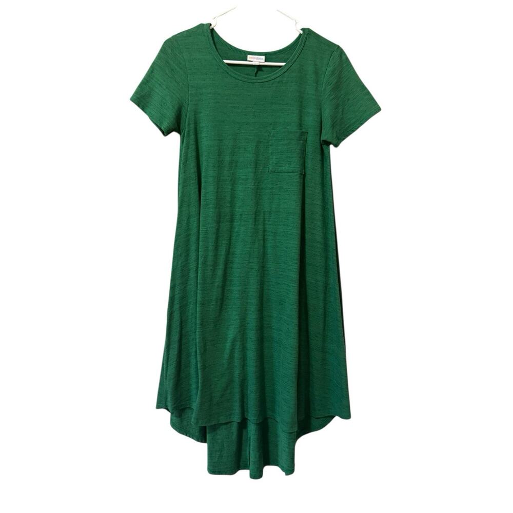 LuLaRoe‎ Women Sz XXS T-Shirt Dress Green Short Sleeve Pocket Hi Low Lightweight